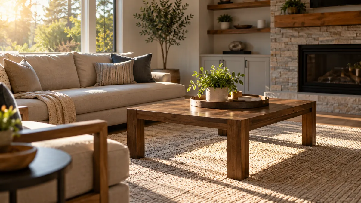 A clean open kitchen and living room after a house cleaning